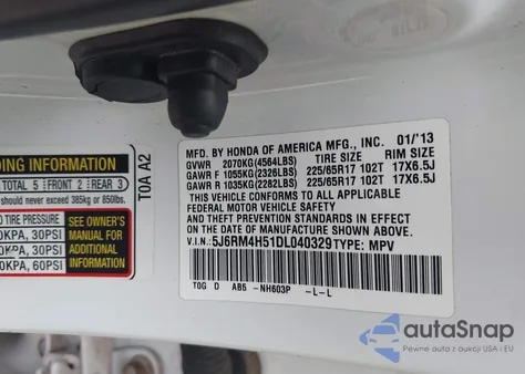 2013 Honda Cr-V Ex z USA, uszkodzony, nr VIN 5J6RM4H51DL040329